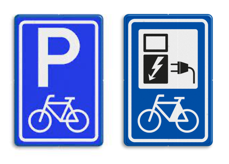 Fietsparkeerborden: links regulier parkeren, rechts fietsoplaadpunt