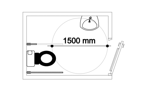 Afbeelding vereiste 1500mm draaicirkel voor een toegankelijk toilet