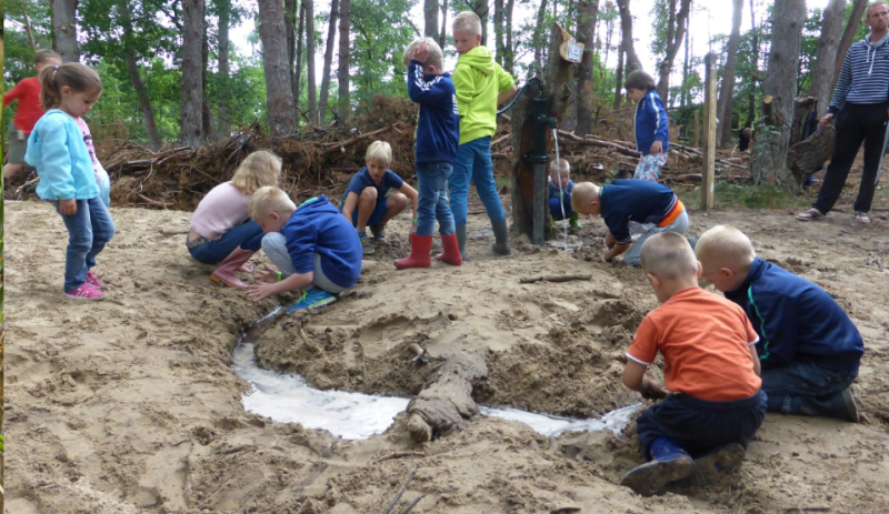 Kinderen spelen met water en zand in het bos